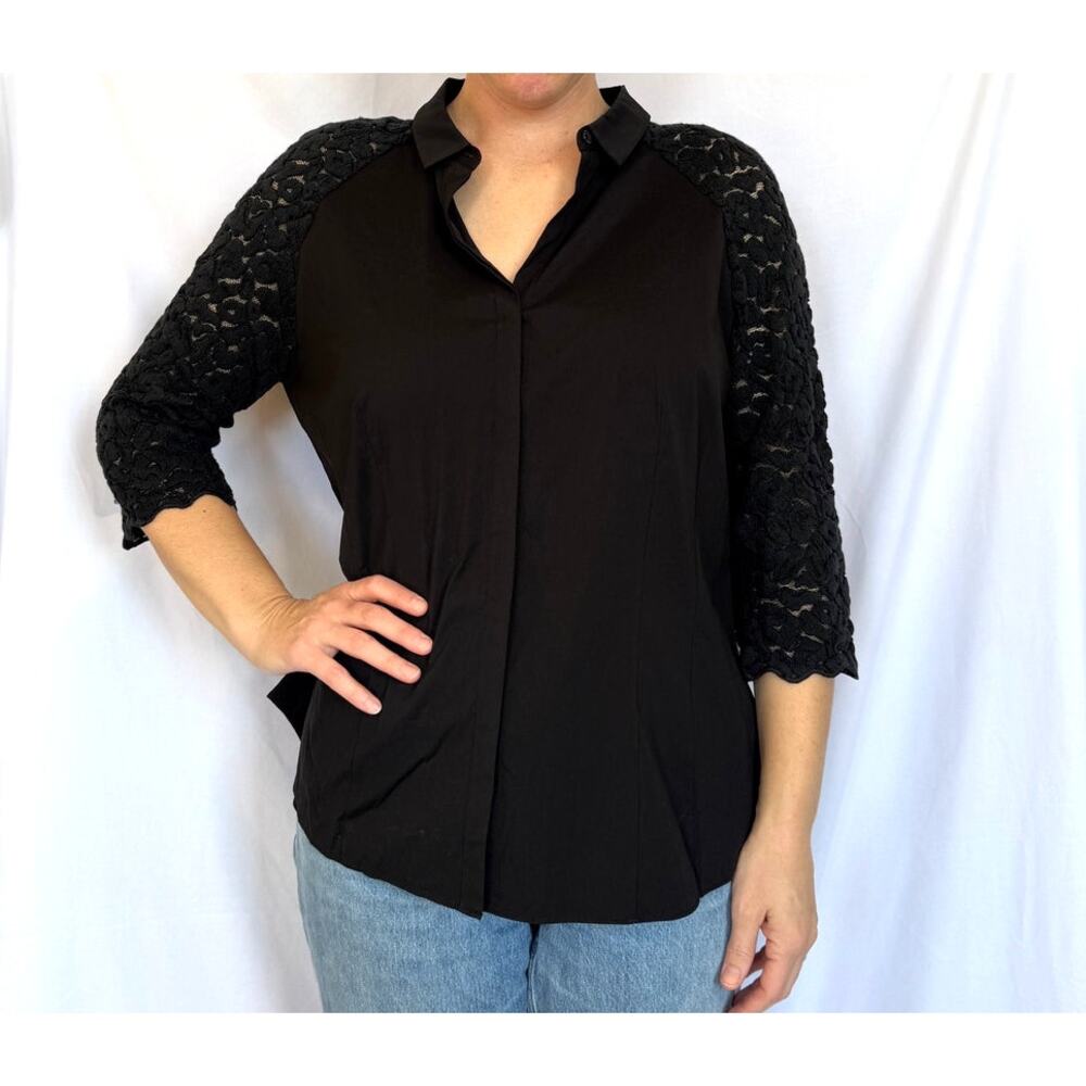 Lafayette 148 Black Button Down Top Sheer Cotton Lace Sleeves, Size 12, XL